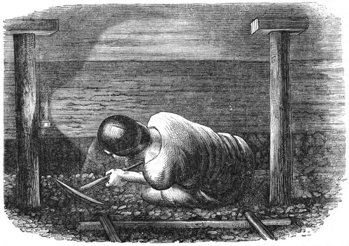 Framed Print : Coal miner working a narrow seam, c1864 Framed Print : Coal miner working a narrow seam, c1864