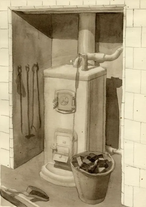 Framed Print : Coal stove, 1951. Creator: Shirley Markham Framed Print : Coal stove, 1951. Creator: Shirley Markham