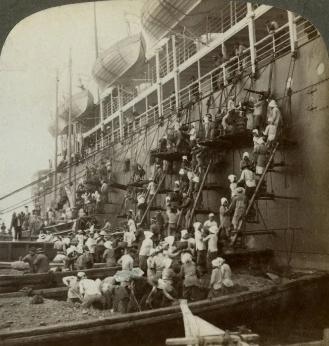 Framed Print : Coaling the Pacific mail SS Siberia, at the fortified naval station of Nagasaki, Japan, 1904. Artist: Underwood & Underwood Framed Print : Coaling the Pacific mail SS Siberia, at the fortified naval station of Nagasaki, Japan, 1904. Artist: Underwood & Underwood