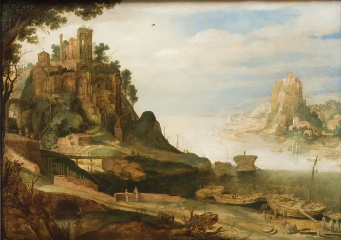 Framed Print : Coast Landscape with the so-called Temple of Sibyl at Tivoli, 1620-1629. Creator: Willem van Nieulandt Framed Print : Coast Landscape with the so-called Temple of Sibyl at Tivoli, 1620-1629. Creator: Willem van Nieulandt