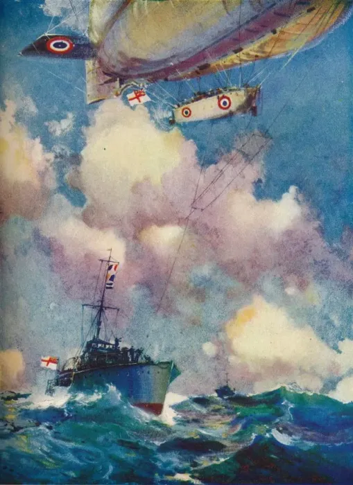 Framed Print : A coast patrol airship sending a despatch by motor launch, c1919 (1919) Artist: Frank Henry Mason Framed Print : A coast patrol airship sending a despatch by motor launch, c1919 (1919) Artist: Frank Henry Mason