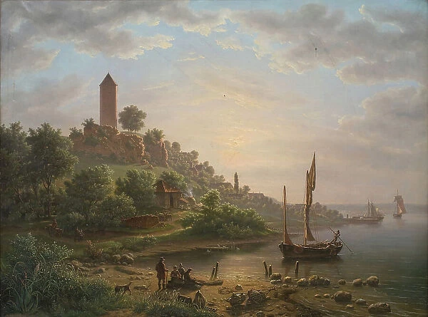 The coast at Vordingborg with the Goose Tower (Gåsetårnet), early morning, 1848. Creator: Jens Peter Møller