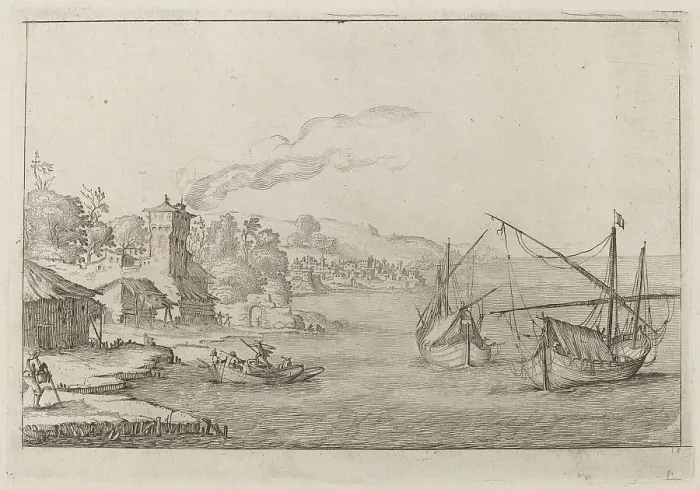 Framed Print : Coastal Landscape with Anchored Vessels, 1638. Creator: Ercole Bazicaluva Framed Print : Coastal Landscape with Anchored Vessels, 1638. Creator: Ercole Bazicaluva