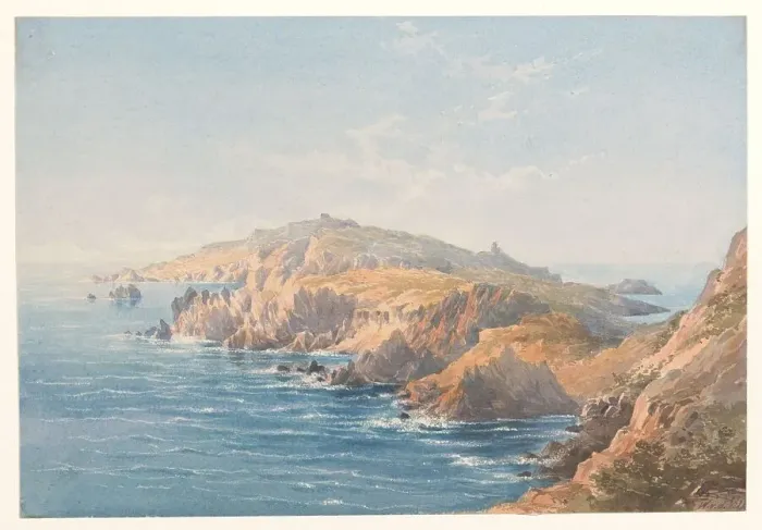Framed Print : Coastal landscape in Corsica, 1828-1892. Creator: Charles William Meredith van de Velde Framed Print : Coastal landscape in Corsica, 1828-1892. Creator: Charles William Meredith van de Velde