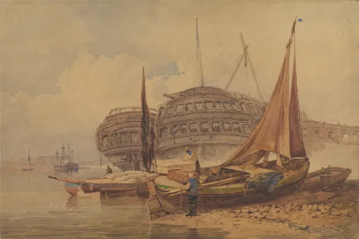 Framed Print : Coastal Scene with Beached Boats in Foreground, early-mid 19th century Framed Print : Coastal Scene with Beached Boats in Foreground, early-mid 19th century