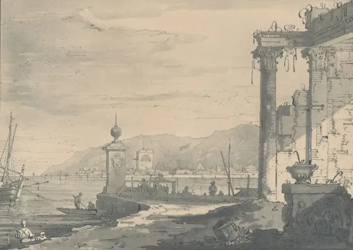 Framed Print : A coastal scene with a classical ruin at right, 1811. Creator: George Hawkins Framed Print : A coastal scene with a classical ruin at right, 1811. Creator: George Hawkins