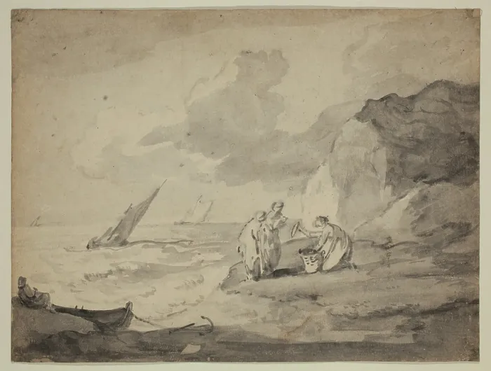 Framed Print : Coastal Scene with Figures and Shipping, 18th century. Creator: Thomas Gainsborough Framed Print : Coastal Scene with Figures and Shipping, 18th century. Creator: Thomas Gainsborough