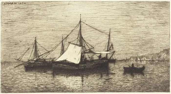 Framed Print : Coasting Trade Vessels, Italy, 1874. Creator: Adolphe Appian Framed Print : Coasting Trade Vessels, Italy, 1874. Creator: Adolphe Appian