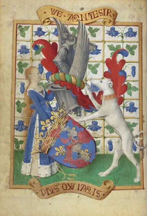 Framed Print : Coat of Arms Held by a Woman and a Greyhound; Hours of Simon de Varie, 1455. Creator: Jean Fouquet Framed Print : Coat of Arms Held by a Woman and a Greyhound; Hours of Simon de Varie, 1455. Creator: Jean Fouquet