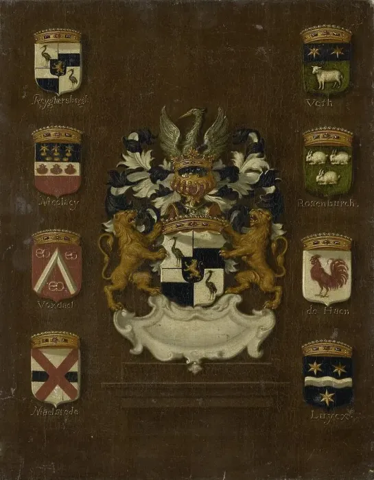 Framed Print : Coat of Arms of Jan van Reyersbergh with its eight quarterings, 1650-1699. Creator: Anon Framed Print : Coat of Arms of Jan van Reyersbergh with its eight quarterings, 1650-1699. Creator: Anon