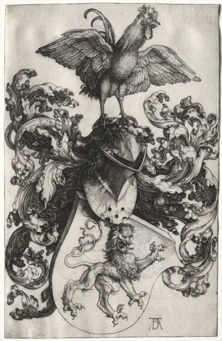Framed Print : The Coat of Arms with a Lion and Cock, probably 1503. Creator: Albrecht Dürer (German Framed Print : The Coat of Arms with a Lion and Cock, probably 1503. Creator: Albrecht Dürer (German
