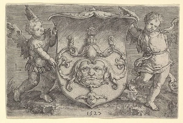 Coat of Arms with a Mask, Held by Two Genii, 1527. Creator: Lucas van Leyden