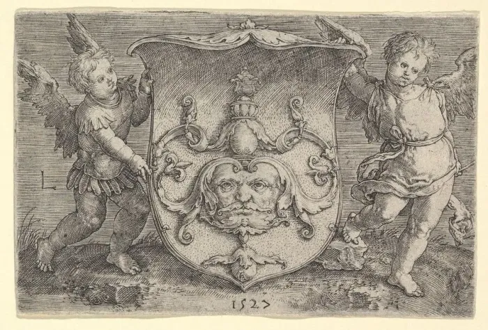 Framed Print : Coat of Arms with a Mask, Held by Two Genii, 1527. Creator: Lucas van Leyden Framed Print : Coat of Arms with a Mask, Held by Two Genii, 1527. Creator: Lucas van Leyden