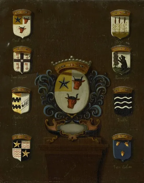 Framed Print : Coat of Arms of Sara van Os, Wife of Jan van Reyersbergh with its eight quarterings, 1650-1699. Creator: Anon Framed Print : Coat of Arms of Sara van Os, Wife of Jan van Reyersbergh with its eight quarterings, 1650-1699. Creator: Anon