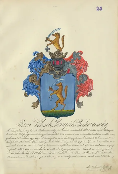 Framed Print : Coat of arms of the Vilcek, Monak, Bukovinska families, 1904. Creator: Adolf Medzihradsky Framed Print : Coat of arms of the Vilcek, Monak, Bukovinska families, 1904. Creator: Adolf Medzihradsky