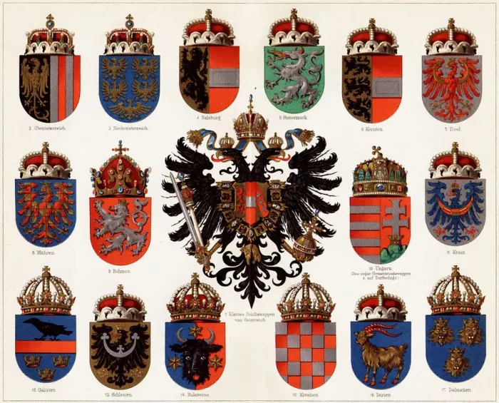 Framed Print : Coats of arms of Counties of Austria-Hungary and small Austrian national coat of arms, c Framed Print : Coats of arms of Counties of Austria-Hungary and small Austrian national coat of arms, c