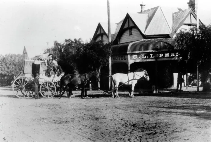 Framed Print : Cobb & Co. coach at the Club (Boutique) Hotel, Cunnamulla, Queensland, c1915. Creator: Unknown Framed Print : Cobb & Co. coach at the Club (Boutique) Hotel, Cunnamulla, Queensland, c1915. Creator: Unknown