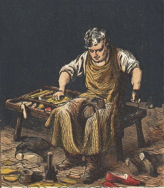Cobbler mending boots, 1867