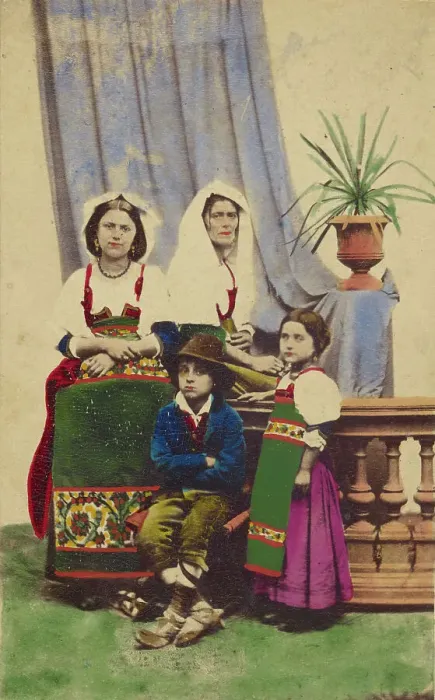Framed Print : Cociare two unidentified women seated next to a boy seated and a girl standing, all... 1863-1864. Creator: Antonio Mariannecci Framed Print : Cociare two unidentified women seated next to a boy seated and a girl standing, all... 1863-1864. Creator: Antonio Mariannecci