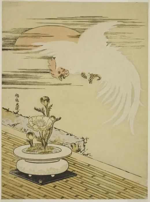 Framed Print : Cock Flying Over Pot of Adonis, c. 1770s. Creator: Isoda Koryusai Framed Print : Cock Flying Over Pot of Adonis, c. 1770s. Creator: Isoda Koryusai