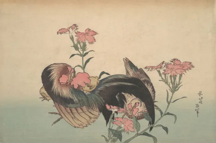 Framed Print : Cock, Hen, and Nadeshiko (Dianthus Superbus). Creator: Hokusai Framed Print : Cock, Hen, and Nadeshiko (Dianthus Superbus). Creator: Hokusai
