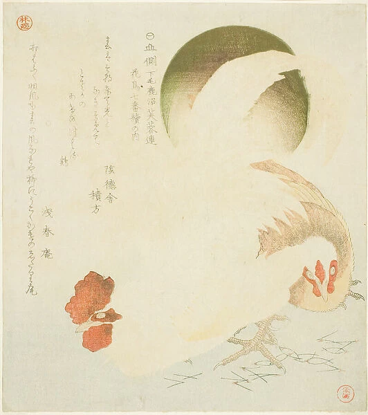 Cock, Hen, and Rising Sun, from the series 'Seven Bird-and-flower Prints for the Fuyo... c. 1810. Creator: Kubo Shunman