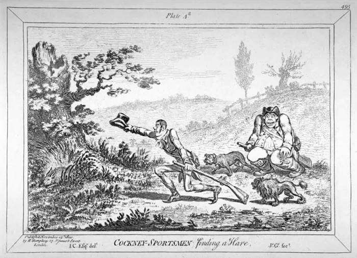 Framed Print : Cockney-sportsmen finding a hare, 1800. Artist: James Gillray Framed Print : Cockney-sportsmen finding a hare, 1800. Artist: James Gillray