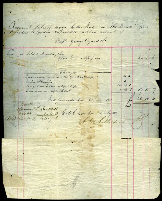 Framed Print : Coconut sales receipt, Barbados to London, 1881 Framed Print : Coconut sales receipt, Barbados to London, 1881