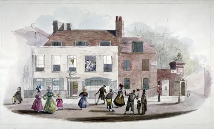 Framed Print : A coffee house and the Kings Arms Tavern in Kensington, London, 1832 Framed Print : A coffee house and the Kings Arms Tavern in Kensington, London, 1832