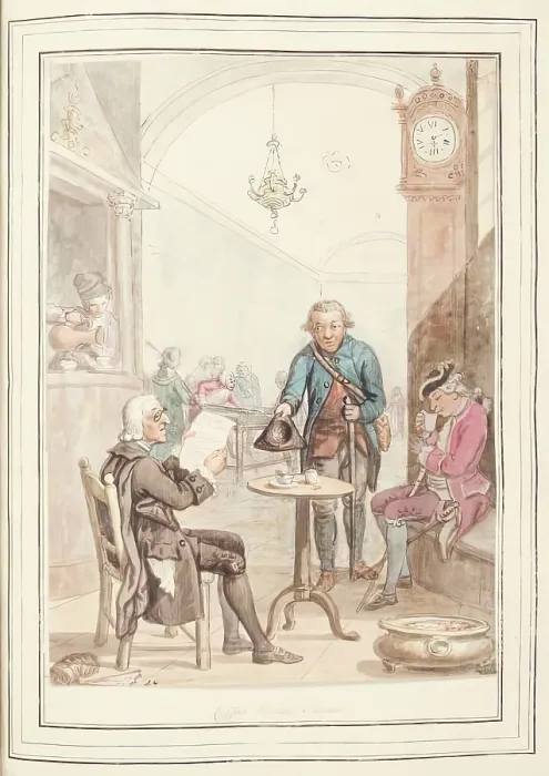 Framed Print : Coffee House, Rome, leaf from A Collection of Dresses by David Allan Mostly from Nature, 1776