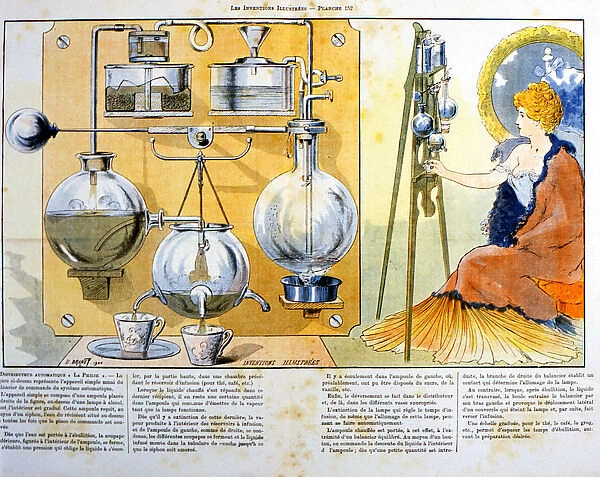 Coffee or tea making machine heated by a small spirit lamp, 1900