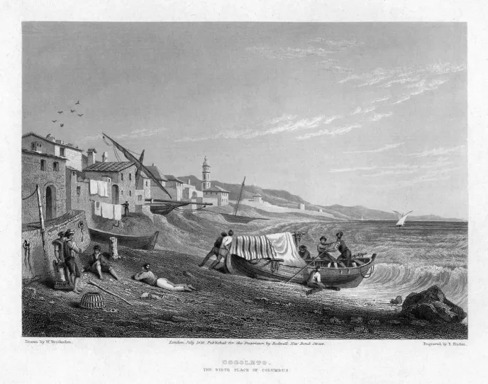 Framed Print : Cogoleto, the birth place of Columbus, Italy, 1828. Artist: E Finden Framed Print : Cogoleto, the birth place of Columbus, Italy, 1828. Artist: E Finden