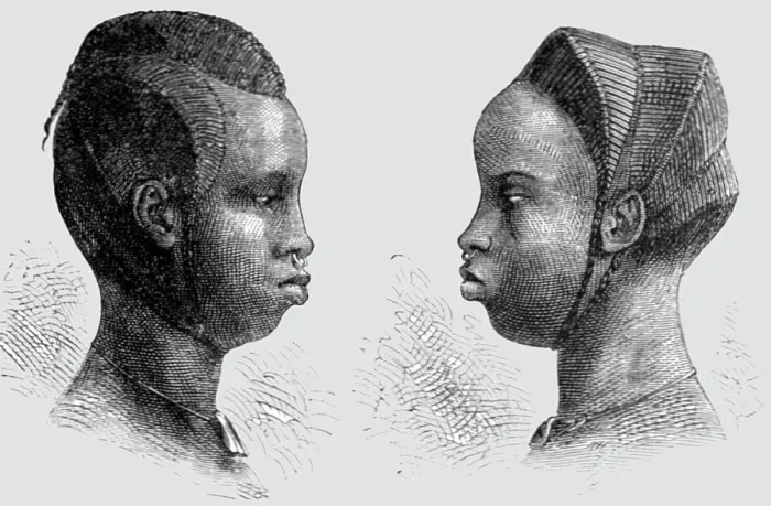 Framed Print : Coiffures of Bambara Women; Journey from the Senegal to the Niger, 1875. Creator: Unknown Framed Print : Coiffures of Bambara Women; Journey from the Senegal to the Niger, 1875. Creator: Unknown