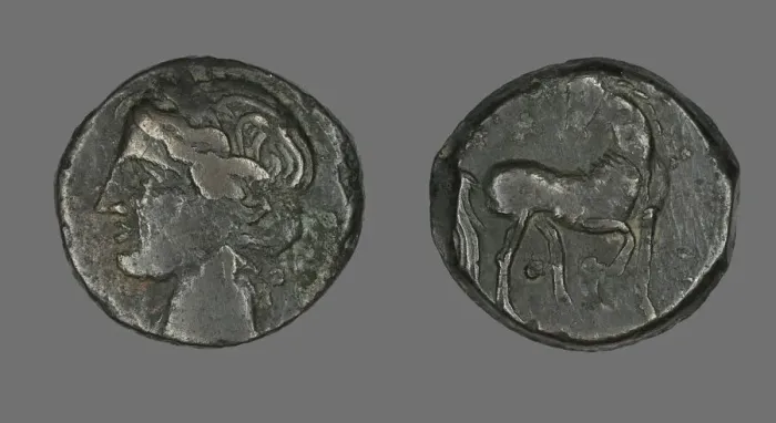 Framed Print : Coin Depicting the Goddess Persephone (?), about 241-146 BCE. Creator: Unknown Framed Print : Coin Depicting the Goddess Persephone (?), about 241-146 BCE. Creator: Unknown