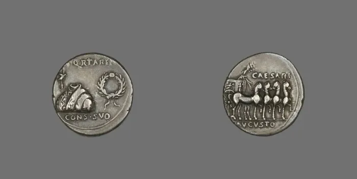 Framed Print : Coin Depicting a Toga, Tunic and Wreath, about 18 BCE. Creator: Unknown