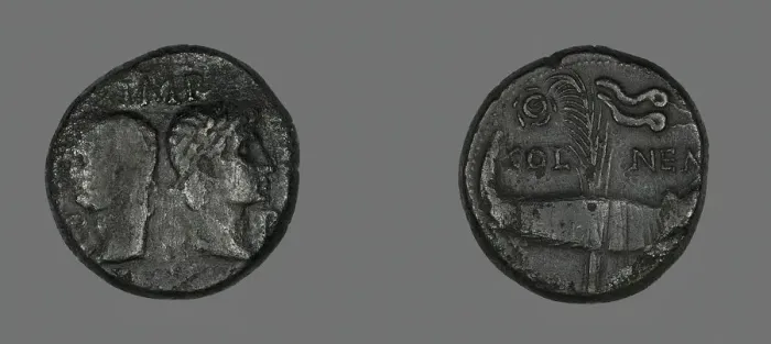 Framed Print : As (Coin) Portraying Augustus and Agrippa, 20 BCE-14 CE. Creator: Unknown Framed Print : As (Coin) Portraying Augustus and Agrippa, 20 BCE-14 CE. Creator: Unknown