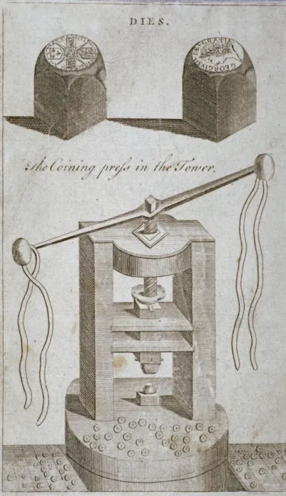 Framed Print : Coining press and dies from the Tower of London, 1800 Framed Print : Coining press and dies from the Tower of London, 1800