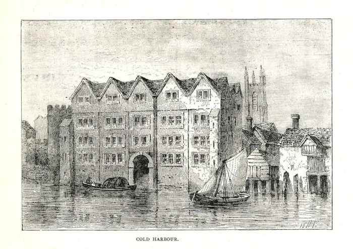 Framed Print : Cold Harbour. Medieval Mansion House North Bank ofThames above London Bridge, 1894 Artist: Walter Thornbury Framed Print : Cold Harbour. Medieval Mansion House North Bank ofThames above London Bridge, 1894 Artist: Walter Thornbury