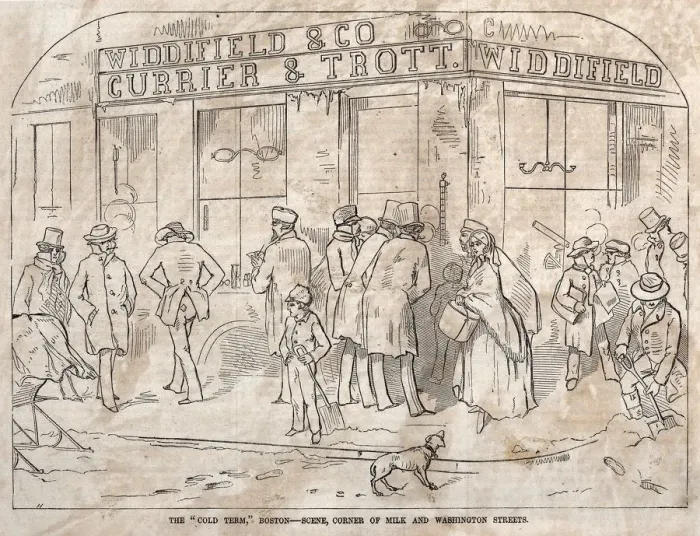 Framed Print : The Cold Term, Boston - Scene, Corner Milk and Washington Streets, 1858 Framed Print : The Cold Term, Boston - Scene, Corner Milk and Washington Streets, 1858