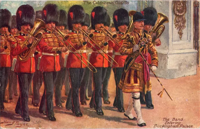 Framed Print : The Coldstream Guards - The Band entering Buckingham Palace, c1930. Creator: Harry Payne Framed Print : The Coldstream Guards - The Band entering Buckingham Palace, c1930. Creator: Harry Payne