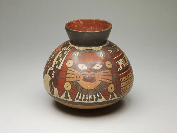 Collared Jar Depicting Costumed Ritual Performer Holding Checkerboard Staff, 180 B. C.  /  A. D