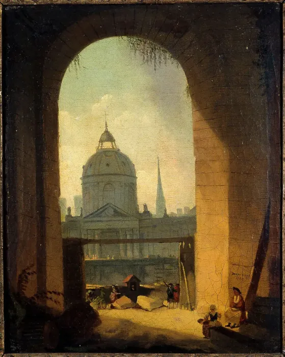 Framed Print : College des Quatres-Nations, seen from the entrance to the courtyard of the Louvre, 1780. Creator: Pierre-Antoine Demachy Framed Print : College des Quatres-Nations, seen from the entrance to the courtyard of the Louvre, 1780. Creator: Pierre-Antoine Demachy