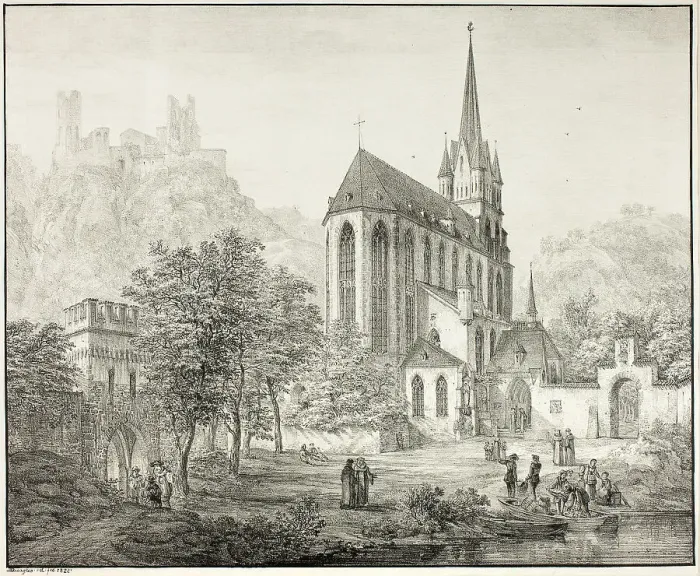 Framed Print : Collegiate Church of Our Lady, with Castle Schoenberg at Oberwesel on the Rhine, 1822. Creator: Domenico Quaglio II Framed Print : Collegiate Church of Our Lady, with Castle Schoenberg at Oberwesel on the Rhine, 1822. Creator: Domenico Quaglio II