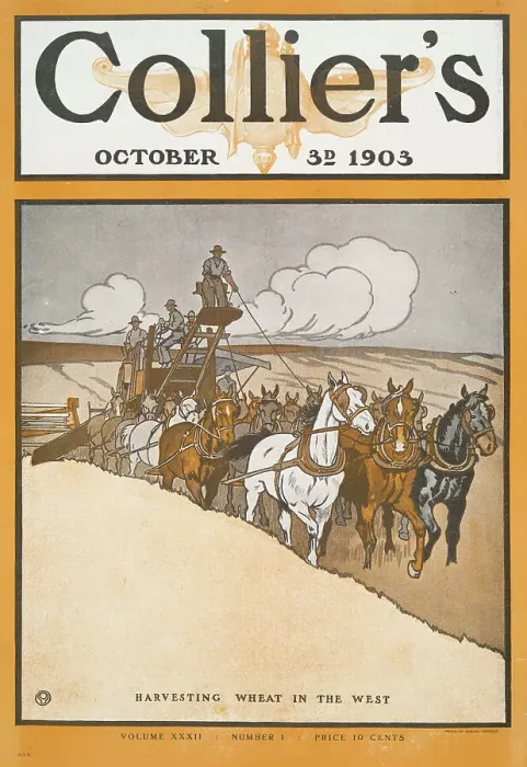 Framed Print : Collier's October 3rd, 1903, Harvesting Wheat in The West, Volume XXXII, Number 1... c1903. Creator: Edward Penfield Framed Print : Collier's October 3rd, 1903, Harvesting Wheat in The West, Volume XXXII, Number 1... c1903. Creator: Edward Penfield