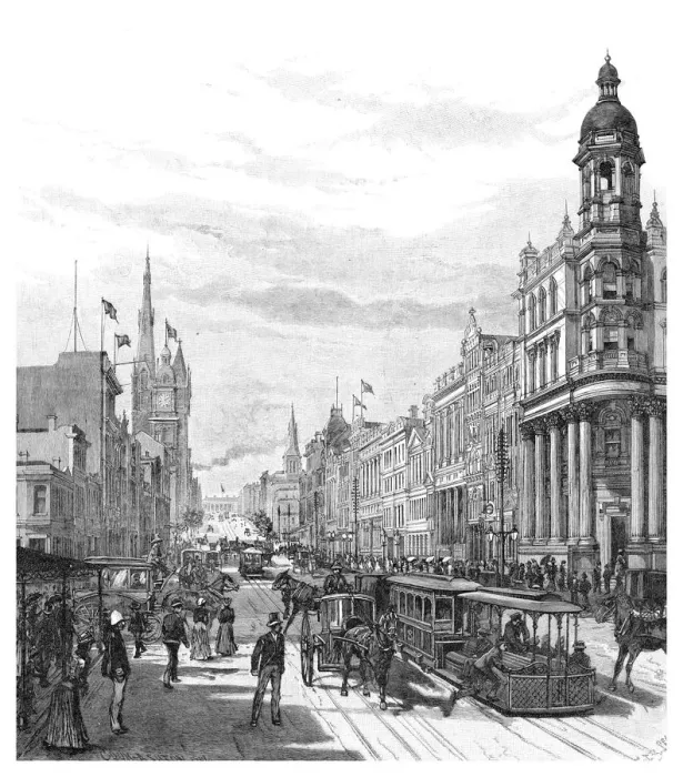 Framed Print : Collins Street looking east, Melbourne, Victoria, Australia, 1886. Artist: JR Ashton Framed Print : Collins Street looking east, Melbourne, Victoria, Australia, 1886. Artist: JR Ashton