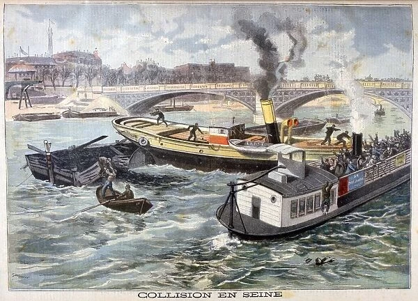 Collision on the Seine, Paris, 1897. Artist: F Meaulle