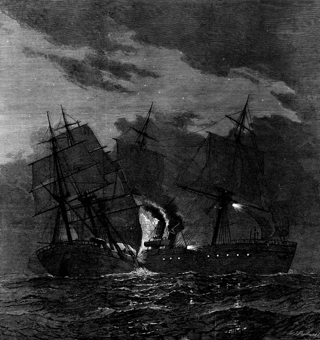 Framed Print : Collision between the Ville du Havre and the Lochearn, 1873. Creator: William James Palmer Framed Print : Collision between the Ville du Havre and the Lochearn, 1873. Creator: William James Palmer