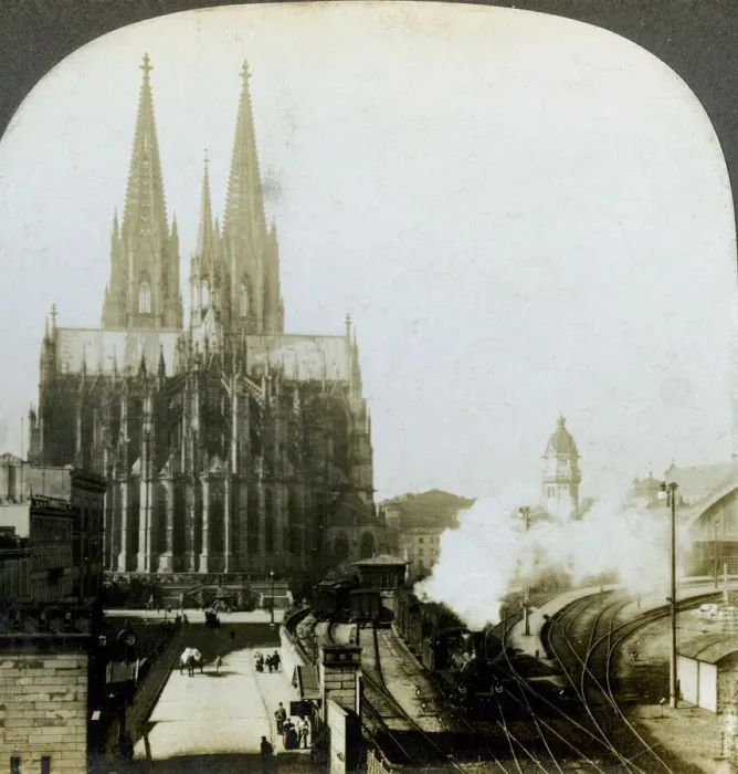 Framed Print : Cologne Cathedral from a railway bridge, Cologne, Germany. Artist: EW Kelley Framed Print : Cologne Cathedral from a railway bridge, Cologne, Germany. Artist: EW Kelley