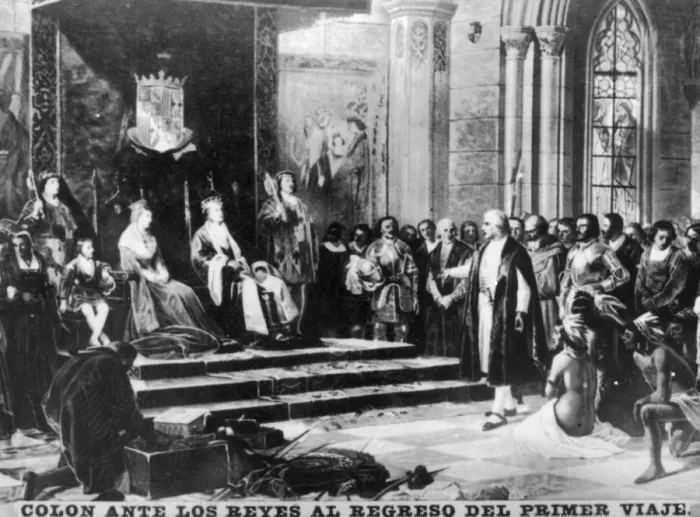 Framed Print : Colombus returns from his first trip, (15th century), 1920s Framed Print : Colombus returns from his first trip, (15th century), 1920s
