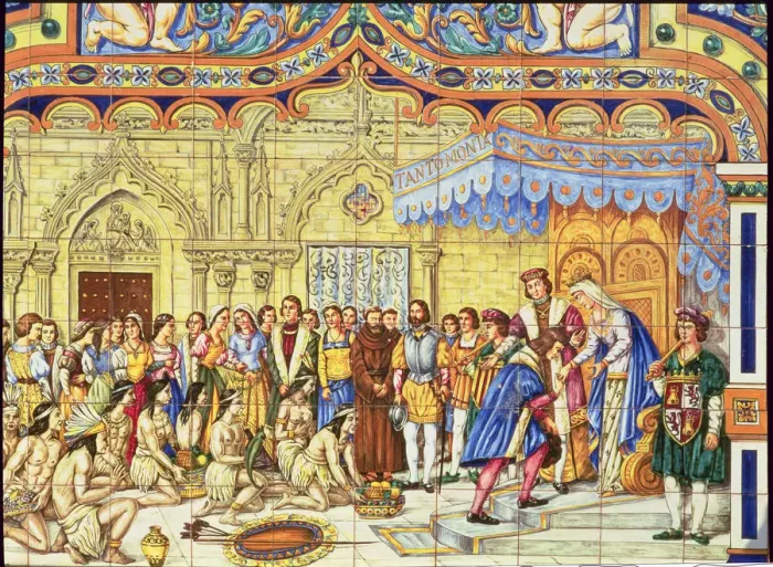 Framed Print : Colon received by the Catholic Kings after their first trip to Barcelona tile panel Framed Print : Colon received by the Catholic Kings after their first trip to Barcelona tile panel